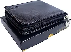 Carteira Masculina de Couro com Zíper Preta, Suporte para 6 Cartões e 6 Documentos, Tamanho 9 x 11,5 cm
