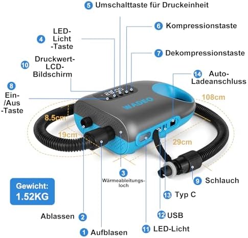 Bild 5 - WADEO SUP Pumpe Elektrisch Akku 18000mAh, 20 PSI Hochdruck Elektrische SUP Luftpumpe mit LED-Licht, 110 V AC/12 V DC Schnellladung, Auto-Off für Stand Up Paddle Boards, Boote, Kajaks, Zelt, Matratze