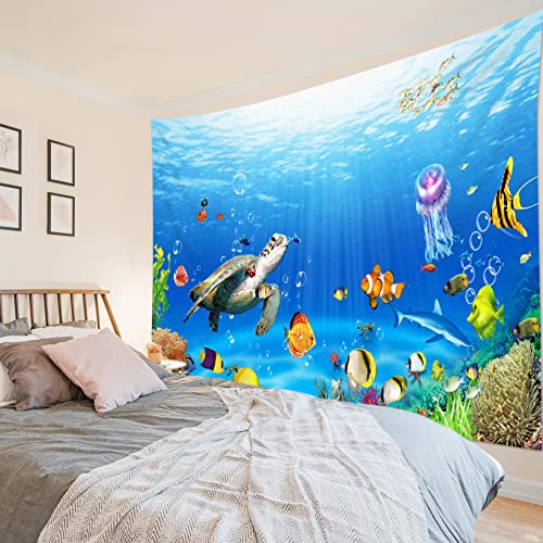 HVEST ウミガメタペストリー 熱帯魚 クラゲとサンゴ礁 青い海の下 壁掛けブランケット オーシャンタペストリー 寝室 リビングルーム 寮の装飾用 幅80インチ x 高さ60インチのサムネイル