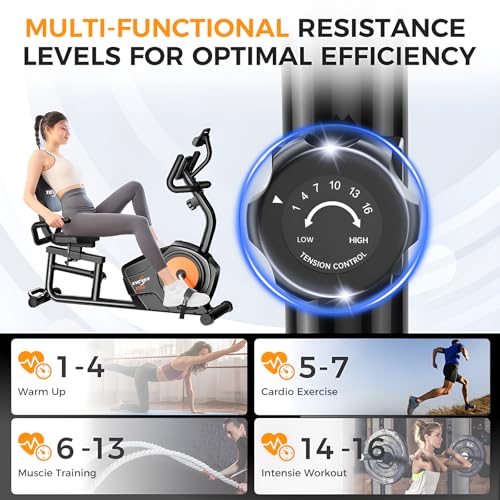 Recumbent Exercise Bike, Recumbent Stationary Bike for Home, Recumbent Bike with 400LB Weight Capacity Whisper-Quiet 16 Levels Magnetic Resistance Heart Rate Handle and Multi-Function LCD Comfortable Seat