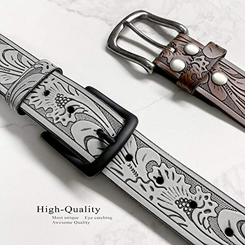 Bs220-Cx160 Western Floral Engraved Embossed Tooled Genuine Leather Belt With Antique Silver Buckle 1-1/2"(38Mm) Wide (Brown, 32) #TOP3