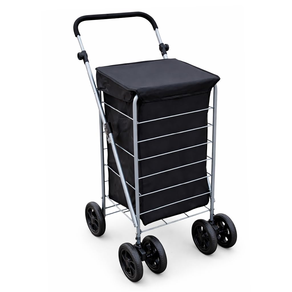 Faboer 70L Caged Folding Shopping Trolley with Lightweight Steel Frame, Adjustable Height Handle and Sturdy 6 Wheel Balance with Effortless Control - Black