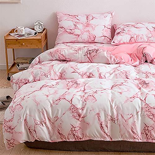 Langde Set Copripiumino in Microfibra con Motivo Marmo Parure Letto Matrimoniale 1 x Copripiumino 230 x 260 cm, 2 x Federe 50 x 90 cm Stampa Digitale Design, Rosa Bianco