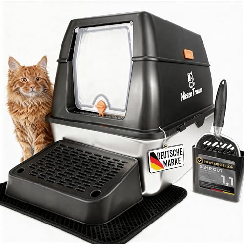 Katzenklo Edelstahl mit Deckel, XXL Katzentoilette mit effektivem Geruchsfilter inkl. 3 Aktivkohlefilter – Premium Klo mit hohem Rand und 2 Türöffnungen 60x40cm (Schwarz)
