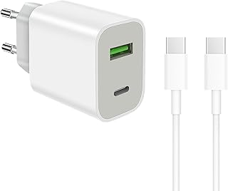Chargeur USB C Recharge Rapide avec Câble, 20W Prise 2 Ports Alimentation Blanc Adaptateur Mural pour lPhone 16 15 14 13 12 11 10 S amsung G alaxy Téléphones Bloc Charge USB-C Power Delivery Charger