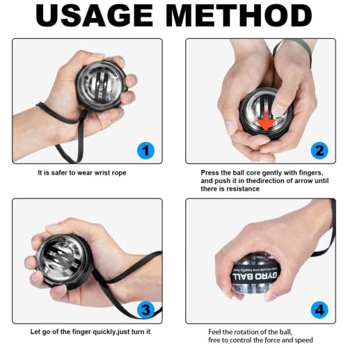 Image of Gyro Ball Wrist Strengthener - Auto Start Forearm Exerciser with Ergonomic Grip - Hand, Finger, Arm Workout for Fitness, Sports, Musicians & Rehab (Bag, Platinum Core, Lights, Black)