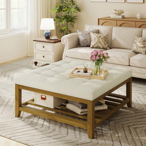 Befurtori Ottoman with Storage Bench, Linen Ottoman Coffee Table, Ivory