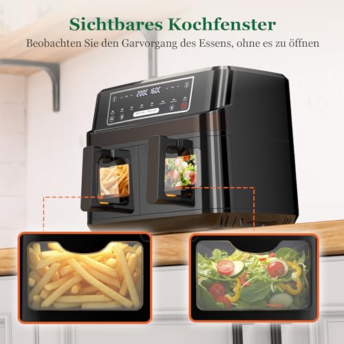Heißluftfritteuse 2 Kammern | 10L Airfryer mit Sichtfenster Zweizonen Temperatur Separat Regeln, 8-in-1 Heissluftfritteuse Doppelkammer Touch-Steuerung Bis 200℃, Air Fryer 2600W Eingebaute Beleuchtung 6