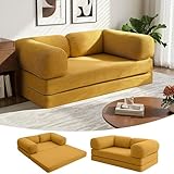 MeMoreCool 4-in-1 Boneless Couch, Umwandelbares Schlafsofa mit Armlehnen, Faltbare Matratze und Schlafsessel, Bequemes Schlafcouch für Wohnzimmer und Schlafzimmer als Lounge oder Gästebett, Gelb