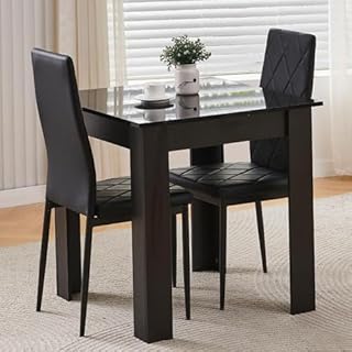 Homullel 75x75 cm Small Dining Table and 2 Chairs, 2 Seater Table and Chairs Set Kitchen Dining Room Set for 2, Compact, Space Saving, Wooden, Glossing Tabletop Black (2 Seats, Faux Leather Black #2)