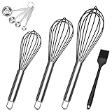 Aukiita Frusta Cucina, 3 Pezzi Fruste Silicone con Manico in Acciaio Inossidabile per Impastare Uova...