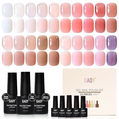 GAOY 23 Pcs Gel Nail Polish Set, Spring Jelly Nude Neutral Colors, 20 Sheer Pink Milky Transparent Shades with Base, Glossy & Matte Top Coat, Soak Off Kit for DIY Manicure, Gift for Women