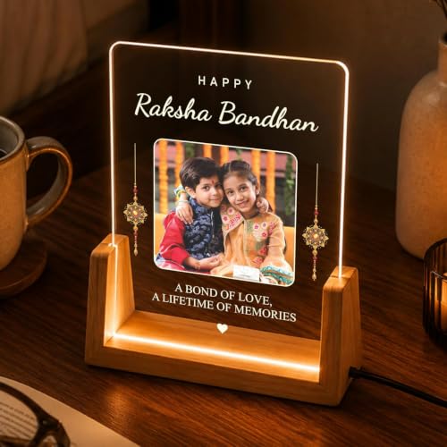 Image of Giftplease Personalized Raksha Bandhan LED Acrylic Photo Frame with Rakhi, Roli Chawal & Greeting Card, USB Wooden Base Night Lamp, Brother Sister Keepsake, Memory Display, Festival Home Decor