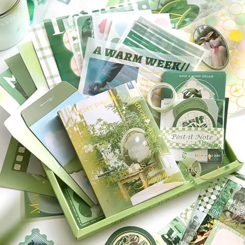 Image of The AutoStory Botanical Scrapbooking Kit A6 Junk Journal Nature Stickers Art Collage Paper Washi Tape DIY Craft Aesthetic Stationery Collection Gift for Teens Girls (Poetry of Misty Island, Green)