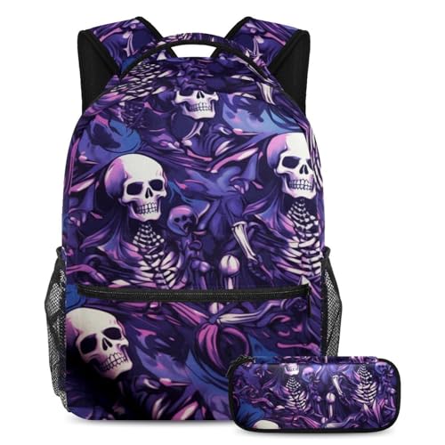 Sac à dos squelette violet au design gothique cool avec sa trousse assortie grand format