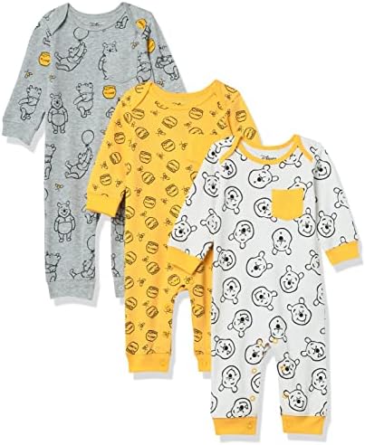 Amazon Essentials Disney | Marvel | Star Wars Baby Boys' Cotton Coveralls, Pack of 3, Pooh Holiday Forest, 18 Months
