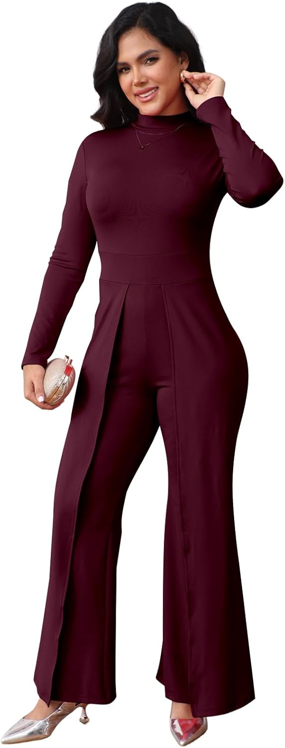 ZonJie Burgundy Long Sleeve jumpsuits for Women Dressy Wedding Round Neck Work Wide Leg Pants Rompers with Zipper,24 Burgundy_X-Large - Image 7