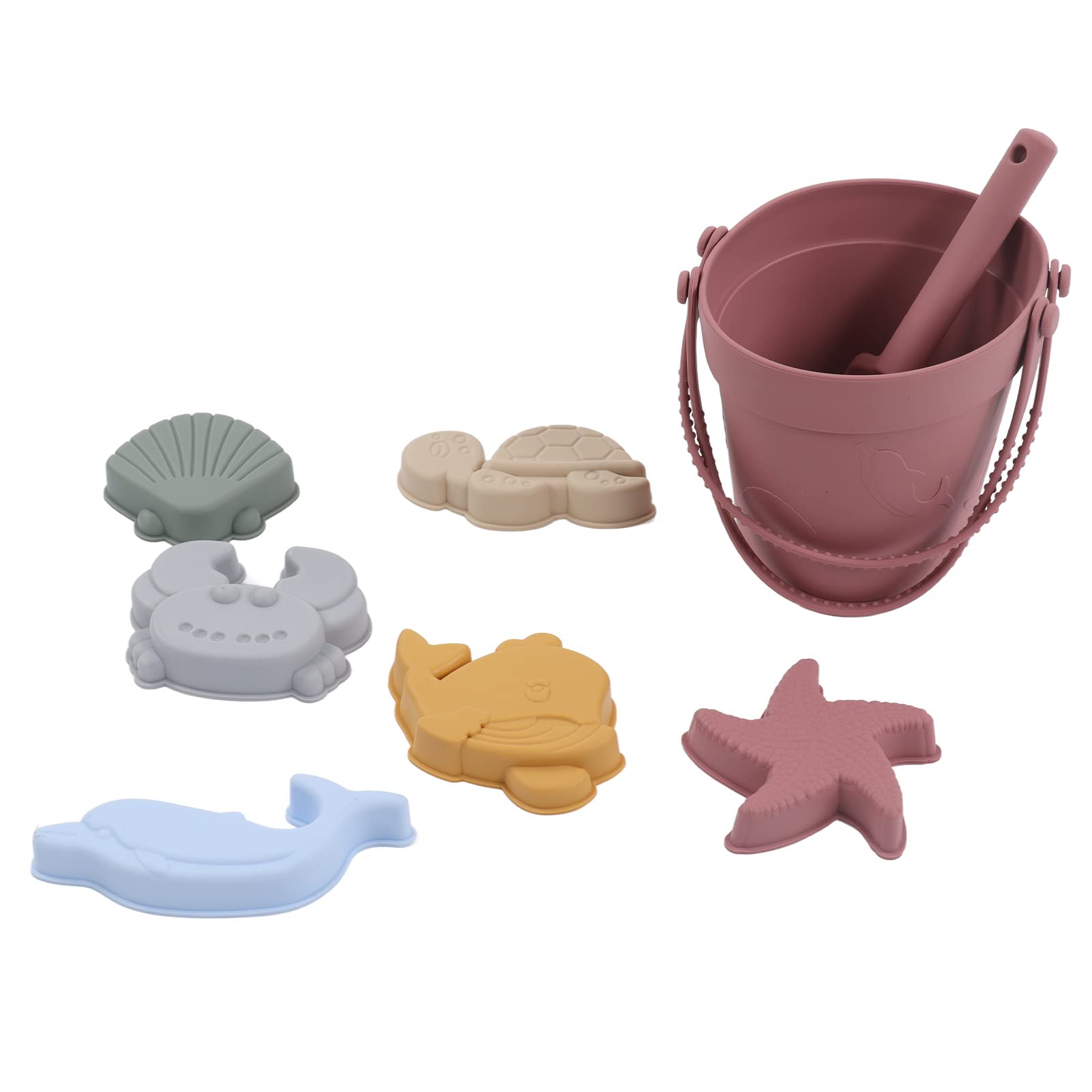 Silicone Beach Toys, 8Pcs Summer Kids Beach Set Baby Sandbox Toys with Portable Beach Bucket, Animal Sand Toy Mold Sand Play Toy Shovel Bucket Set, for Kids Summer Playset(Red)