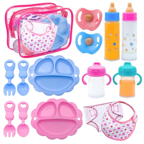 Hdagbnn 15 PCS Baby Doll Accessories Magic Bottle Set,Pretend Play Feeding Toy with Juice Milk Bottles,Dolls Feeding Kit,Sippy Cups,Pacifiers,Bowl Spoons,Bib,Diaper for Kids Girl Party,Birthday Gift