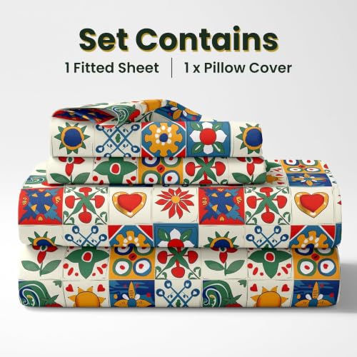 Image of LORETO - A QUALITY LINEN BRAND 144 TC 100% Pure Cotton Single Fitted Bedsheet with 1 Pillow Cover for 72 x 36 Inch Mattress, All-Around Elastic, 8 Inch Deep Pocket, Cherry Red & Cobalt Blue