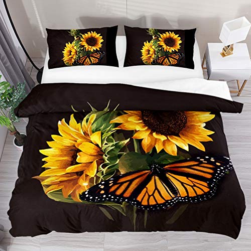 Sunflower and Butterfly Duvet Cover Set, Bedding Sets with Zipper Closure,1 Duvet Cover + 2 Pillow Shams, Queen Size, No Comforter