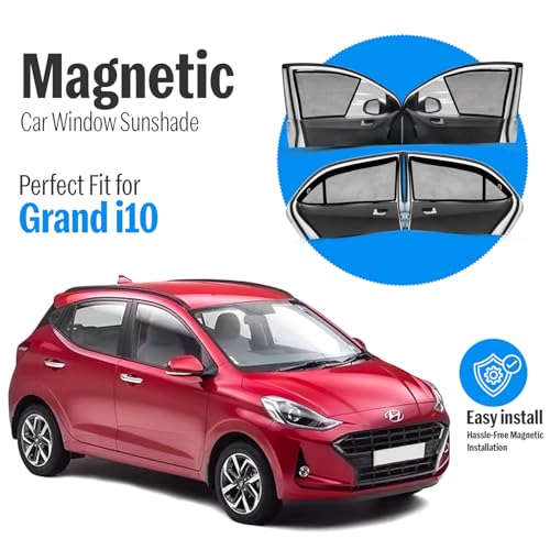 Image of Autofact Magnetic Car Sunshades Compatible with Hyundai Grand I10 Old (2013 to 2019) (Set of 4) - Easy Installation, UV Protection (Front 2 Half-Cut for Side Mirror Visibility, Rear 2 with Zippers)