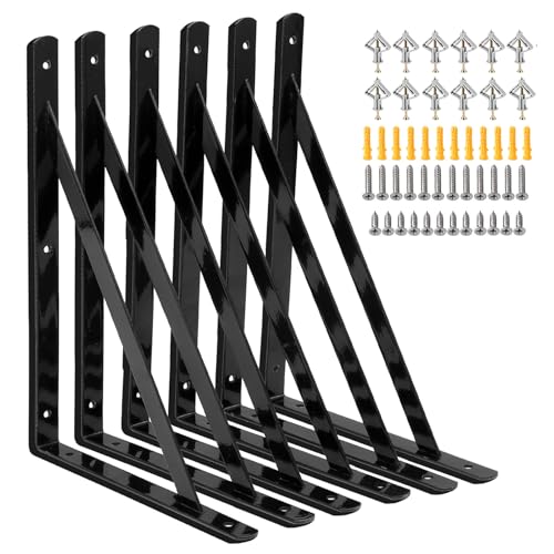 Heavy Duty Shelf Brackets 12 x 8 inch, 6 Pack Wall Shelf Brackets with 90 Degree Triangle, Black...