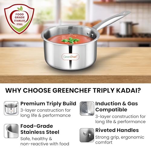Image of Greenchef SS Tri ply Steel Crest - Sauce pan 14cm, Stainless Steel Exterior Surface, Ergonomic Handles, Induction Compatible, Scratch Resistant, 5Year Warranty