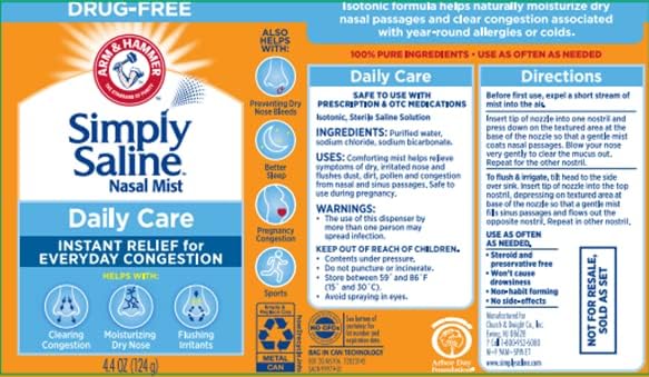 Arm & Hammer Simply Saline Daily Care Nasal Mist 4.4oz, Saline Nasal Spray, Drug-Free, 3-Pack