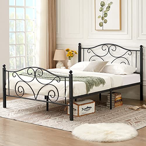 Vecelo Queen Size Metal Bed Frame With Headboard And Footboard, Heavy Duty Steel Slat Support, Platform Mattress Foundation, No Box Spring Needed, Easy Assembly, Matte Black #TOP2