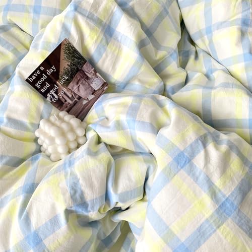 Image of EAVD Buffalo Plaid Duvet Cover Queen Soft Washed Cotton Bedding Set Yellow Blue Grid Checkered Bedding Set with 2 Pillowcases Vintage Style Gingham Duvet Cover with Zipper Closure