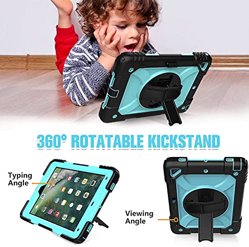 Ledniceker Ipad 6Th Generation Case, Ipad 5Th Generation Case, Ipad Air 2 Case, Heavy Duty Rugged Protective Kids Case With Pencil Holder/Swivel Stand/Strap For Ipad 9.7 2018/2017, (Light Blue+Black) #TOP5