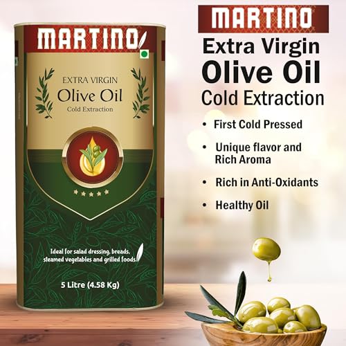Image of Martino Extra Virgin Olive Oil 5 litre Tin First Cold Pressed Cooking oil Natural and First Cold Extraction |Rich in Antioxidants| Ideal For low heat cooking like sauteing & grilling, Salad Dressing.