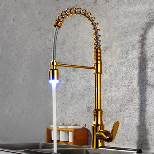 Robinet de cuisine avec douchette extractible or brossé et LED