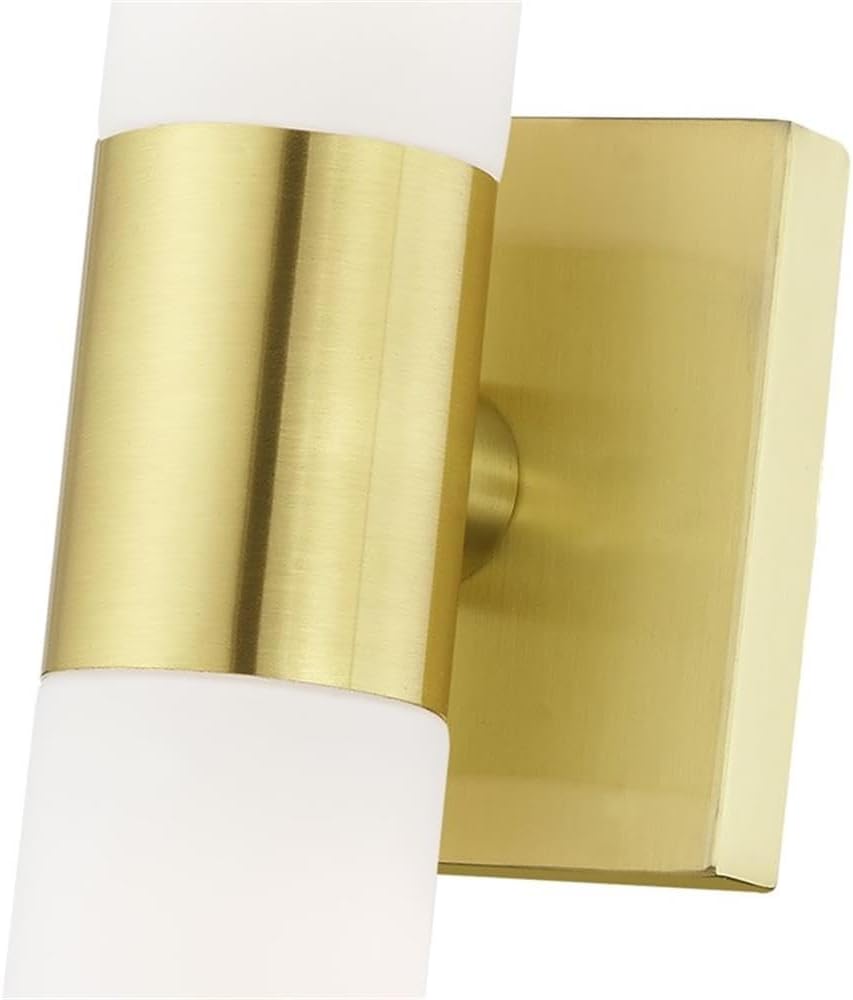 BOWERY HILL 2-Light Metal Vanity Lighting, Satin Brass Finish, Hand Blown Opal White Twist Lock Glass, 17.75" H x 4.5" W x 3.9" D, Bathroom Fixture for Vanity Illumination