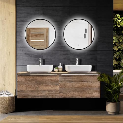 Lomadox Badmöbel Set in Vintage Oak Eiche, Doppel-Waschtisch, 160cm Unterschrank mit Regal, 2 Keramik Waschbecken, 2 LED-Spiegel mit Hintergrundbeleuchtung