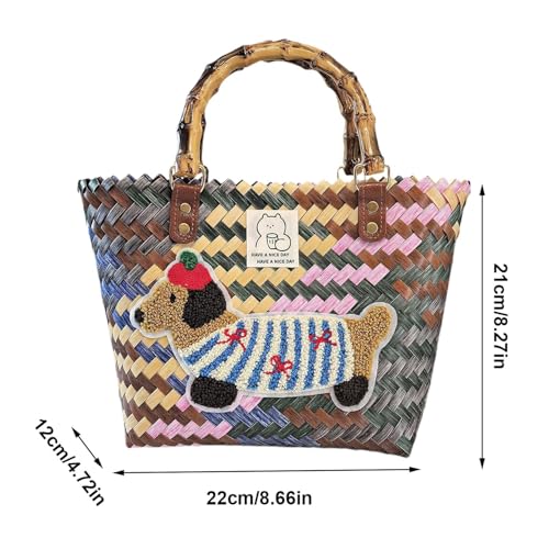 Einkaufskorb Geflochten aus Kunststoff, Korbtasche Handtasche, Strandtasche Stroh Groß, Geflochten Handtasche Damen für Picknick, Shopping, Urlaub (Dackel)