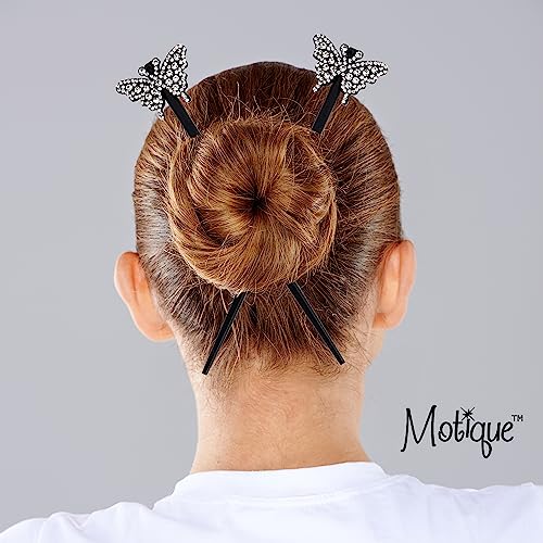 Set of 2 Hair Chopsticks Hair Sticks with Gem Butterflies - Black - Thumbnail 2