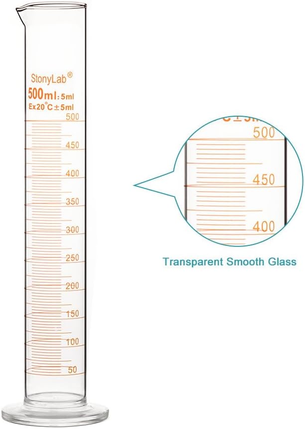 stonylab 1-Pack Graduated Cylinder, Borosilicate Glass 500 ml Heavy Wall Graduated Glass Measuring Cylinder