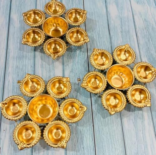 Image of Diya Round Shape Flower Decorative Urli Bowl Handcrafted for Floating Flowers and T Light Candles Home,Office and Table Decor| Diwali Decoration Items (7 Inches) with 6 diyas in Gift box Return Gift