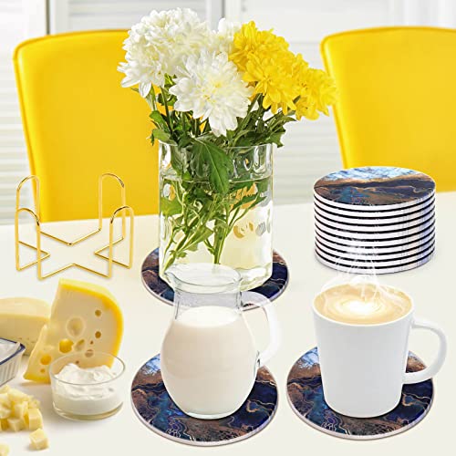 10 Pieces Ceramic Coasters For Drinks Absorbent, Caffox Coaster Set With Holder For Coffee Table, Blue Marble Coasters For Home Décor #TOP1