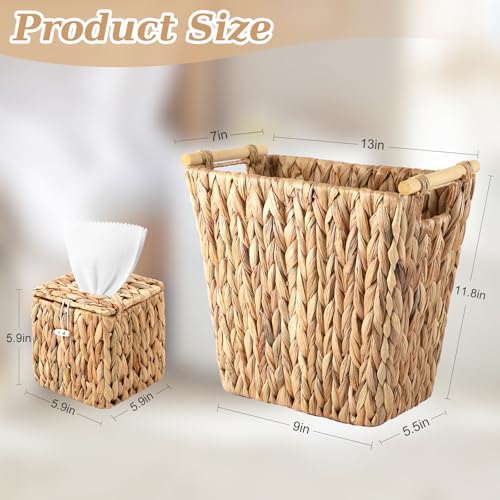Image of Wicker Trash Can and Square Tissue Box Cover, 3.5 Gallon Water Hyacinth Bathroom Trash Can, Handwoven Napkin Holder, Narrow Small Waste Basket, Rustic Decorative Home Set for Bedroom, Bathroom, Office
