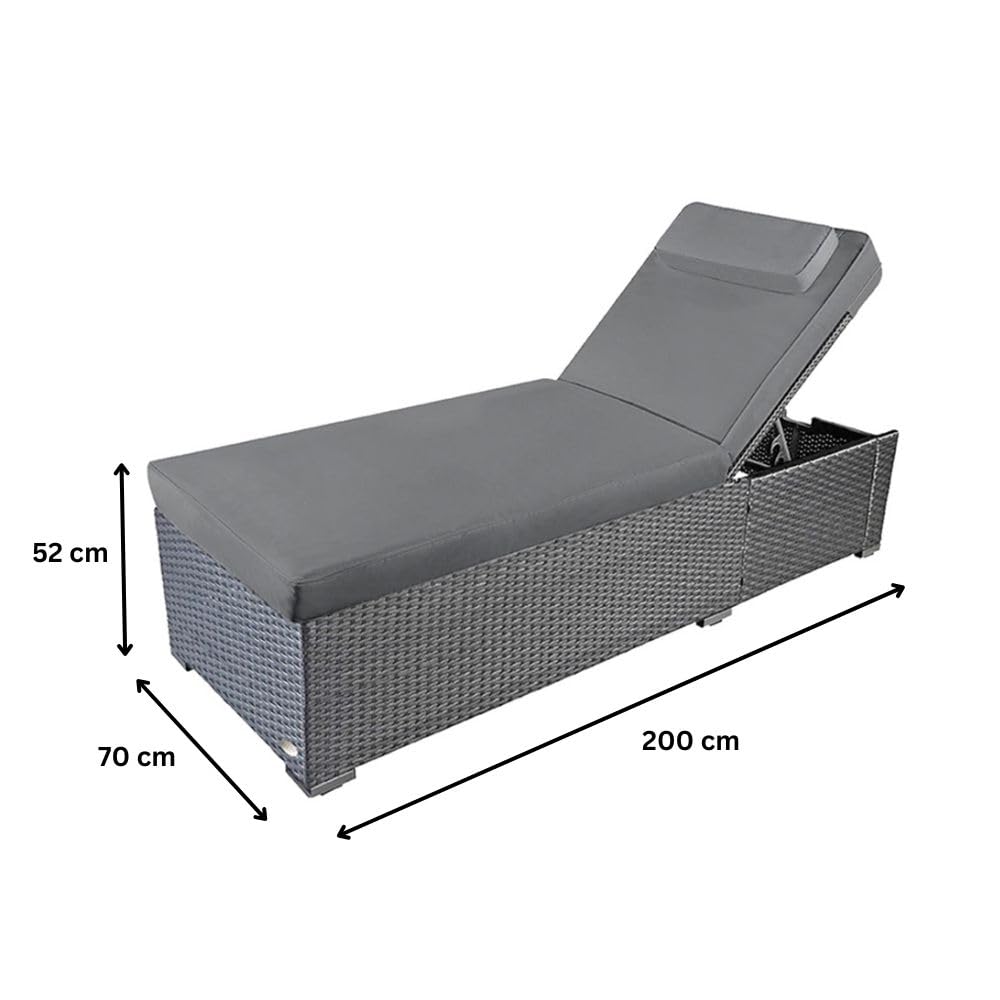RS Trade Sonnenliege Gartenliege wetterfest extra hoch auch für Senioren – Polyrattan Outdoor mit Rollen, stabil & belastbar bis 200kg, XXL für Garten Terrasse Balkon, grau Rattan, mit Grauer Auflage