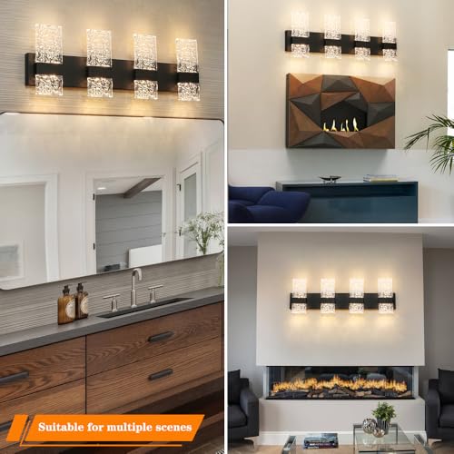 Image of Modern Matte Black 4 Lights Bathroom Vanity Light, Eleglant LED Bathroom Light Fixtures Over Mirror, Dimmable Acrylic Shade Wall Lighting Fixtures, Hardwired Wall Light(H9.25in, L28.35in)