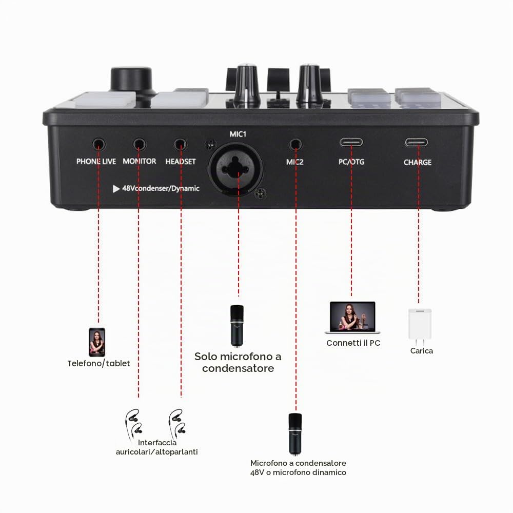 Btuty Mixer Audio Da Gioco 48V Phantom Power Interfaccia Audio RGB Light BT Plug And Play Scheda Audio Per Canto Da Tavolo Mixer Per Streaming Live Podcasting Contenuto Crea Giochi Ricaricabile