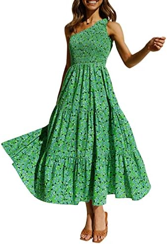 ZESICA Women's 2024 Bohemian Summer Floral Print One Shoulder Sleeveless Smocked Ruffle Tiered Beach Long Midi Dress