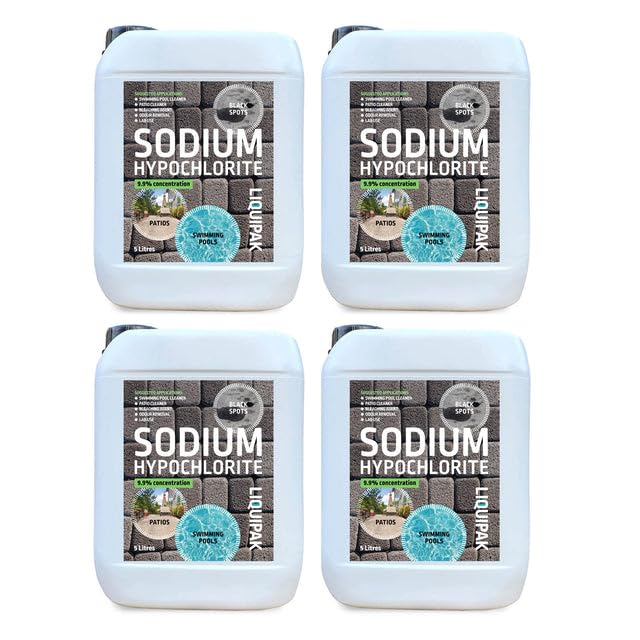 Sodium Hypochlorite 9.9% 4x5L - Powerful Patio Cleaner & Black Spot Remover | For Water Purification & Odour Removal | Outdoor Surface & Swimming Pool Treatment