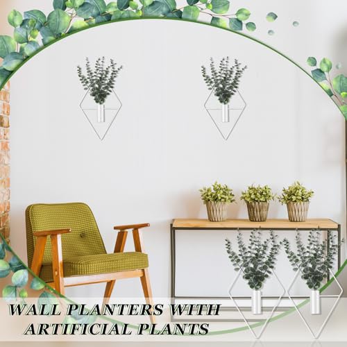 Image of Jexine Hanging Planters with Artificial Eucalyptus Metal Hanging Vase Indoor Plants Holder Modern Geometric Boho Bathroom Wall Decor for Living Room Home Office(White,4 Pcs)