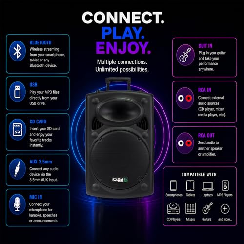 Ibiza PORT15UHF-BT Tragbarer Akku-PA-Lautsprecher 15\/38 cm – 800 W Max./400 W RMS – Karaoke mit 2 UHF-Mikrofonen – TWS – USB, SD, Rec, VOX – Trolley