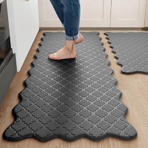 Arenarug Upgrade Scalloped Kitchen Mats for Floor 2PCS, Black Kitchen Rugs